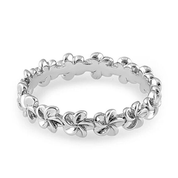 Solid Sterling Silver Plumeria Eternity Floral Band Ring New - Picture 4 of 4